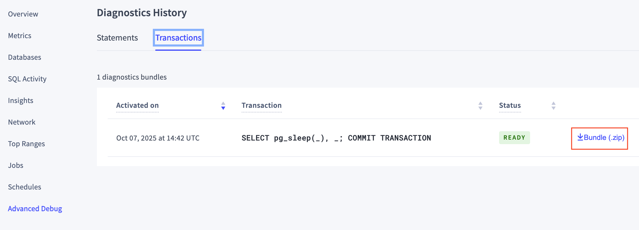Diagnostics History, Transactions, Status Ready